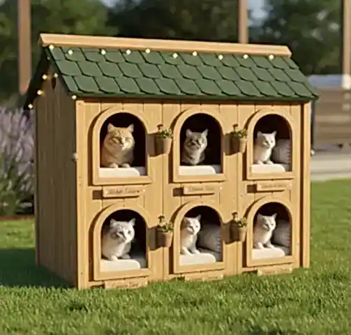 Altı kedinin bulunduğu kedi evi